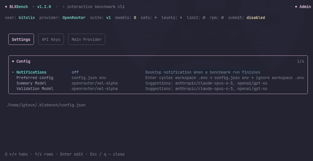 Config overlay — Settings tab